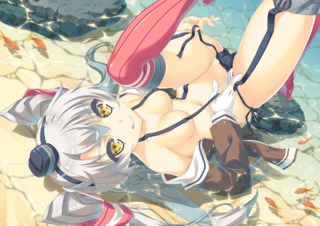 amatsukaze (kancolle) animal anthropomorphism aoi sora-maru beach breasts cameltoe erect nipples fang fish garter belt gloves gray hair kantai collection long hair navel panties school uniform thighhighs twintails underwear undressing water yellow eyes