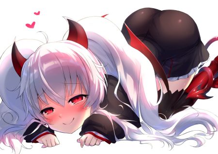 ass blush boots demon grim aloe heart horns loli quiz magic academy red eyes sakurayume kome school uniform tail thighhighs white hair zettai ryouiki