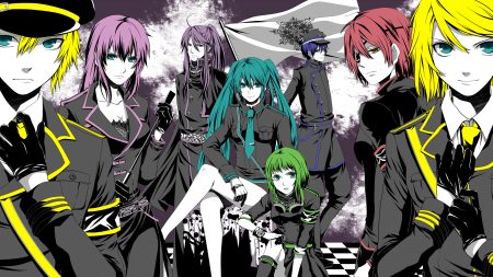 blue eyes blue hair brown eyes eyepatch gloves goggles green eyes green hair group gumi hat hatsune miku kagamine len kagamine rin kaito kamui gakupo long hair male megurine luka meiko military polychromatic ponytail purple hair red hair rikko157 short hair twintails uniform vocaloid wristwear yellow eyes
