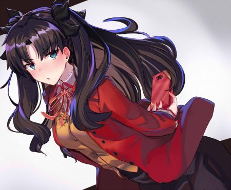 aqua eyes black hair blush fate (series) fate/stay night long hair ninoude (ninoude44) ribbons school uniform skirt tohsaka rin valentine