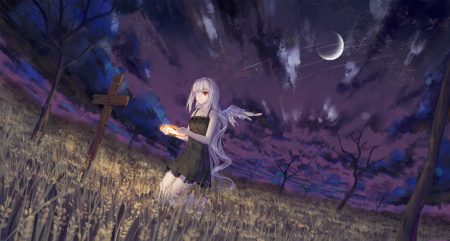 angel bandage clouds cross dress eyepatch halo ji dao ji long hair moon night original red eyes sky summer dress tree white hair wings