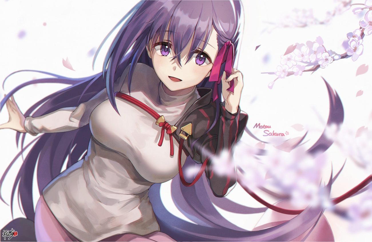 breasts cape cherry blossoms fate/hollow ataraxia fate (series) fate/stay night flowers kyjsogom long hair matou sakura petals purple eyes purple hair ribbons watermark