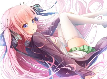 aqua eyes breasts go-toubun no hanayome long hair matokechi nakano nino no bra pink hair school uniform see through skirt thighhighs zettai ryouiki