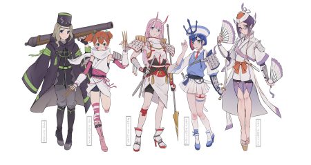 armor bike shorts blue eyes blue hair boots darling in the franxx demon fan garter glasses gray hair green eyes group gun hat headband horns ichigo (darling in the franxx) ikuno (darling in the franxx) katana kneehighs kokoro (darling in the franxx) long hair miku (darling in the franxx) mumu ninja orange hair pink hair purple hair samurai scarf short hair shorts skirt spear sword thighhighs translation request twintails weapon white zero two