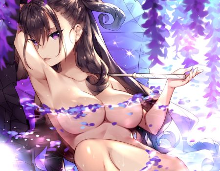 breasts brown hair cropped fate/grand order fate (series) flowers long hair murasaki shikibu nude petals purple eyes touwa nikuman umbrella water