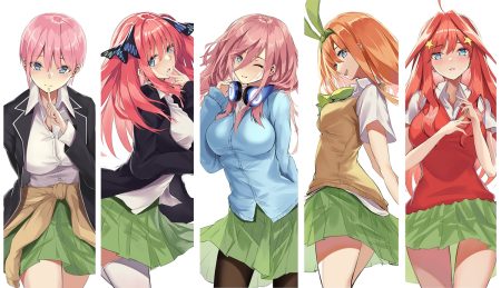 aqua eyes augu (523764197) go-toubun no hanayome headphones nakano ichika nakano itsuki nakano miku nakano nino nakano yotsuba orange hair pantyhose pink hair red hair ribbons school uniform short hair skirt thighhighs white wink