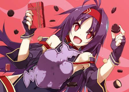 armor candy chocolate gloves headband konno yuuki long hair purple hair red eyes shikei sword art online valentine