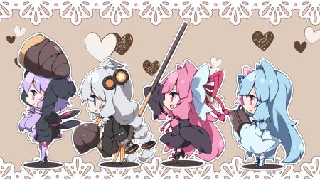 blue eyes blue hair boots bow candy chibi chocolate fang food gray hair group heart kizuna akari kotonoha akane kotonoha aoi long hair milkpanda pink eyes pink hair pocky purple hair thighhighs twins twintails vocaloid voiceroid yuzuki yukari