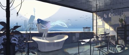 animal bird blue hair book building city doll drink headband kurohal long hair no humans nude original polychromatic ruins scenic water