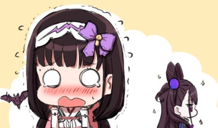 2girls animal bat blush bow brown hair chibi engiyoshi fate/grand order fate (series) headband long hair murasaki shikibu osakabehime purple eyes