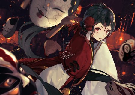 black hair long hair mask menreiki (onmyouji) onmyouji red eyes saika (saika nyan) signed