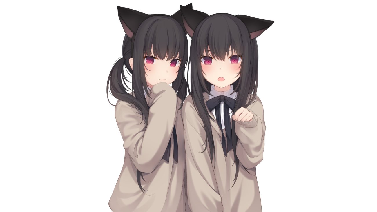 2girls amashiro natsuki animal ears black hair bow catgirl headband long hair original purple eyes ribbons school uniform twins twintails white