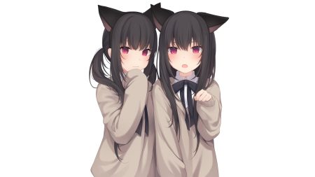 2girls amashiro natsuki animal ears black hair bow catgirl headband long hair original purple eyes ribbons school uniform twins twintails white