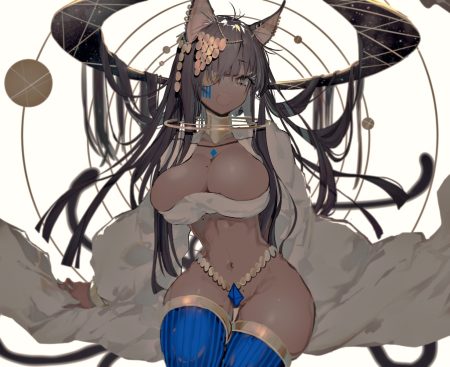 aliasing animal ears black hair breasts brown eyes catgirl cleavage dark skin eyepatch fang headdress multiple tails naruwe navel original tail thighhighs white
