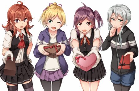 anthropomorphism arashi (kancolle) blonde hair bow brown hair gloves gray hair green eyes group hagikaze (kancolle) kamelie kantai collection long hair maikaze (kancolle) nowaki (kancolle) pantyhose pink eyes ponytail purple hair school uniform short hair shorts skirt thighhighs valentine wink