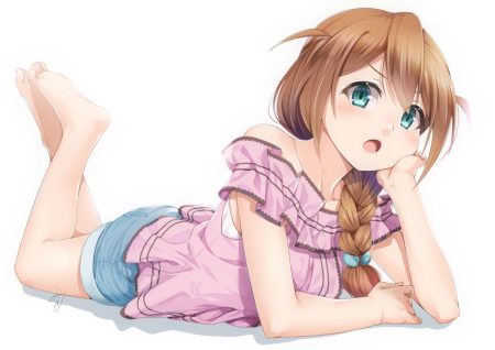 baba konomi barefoot braids brown hair green eyes idolmaster idolmaster million live! long hair miri (ago550421) ponytail shorts