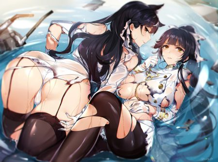 2girls animal ears anthropomorphism ass atago (azur lane) azur lane black hair blush breasts catsizuru foxgirl garter belt gloves long hair pantyhose ponytail see through stockings takao (azur lane) thighhighs torn clothes water wet yellow eyes