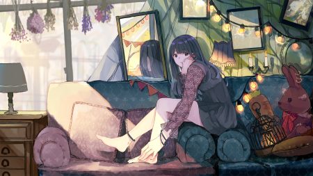 akira (mr akira) barefoot black eyes black hair bow bunny cage couch dress long hair mirror original reflection wristwear