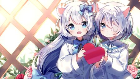 2girls animal ears aqua eyes blush bow eyepatch flowers gray hair loli long hair mechuragi original rose valentine
