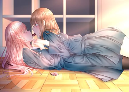 2girls blue eyes candy chocolate long hair naginagiwaffle original pink hair school uniform shoujo ai valentine