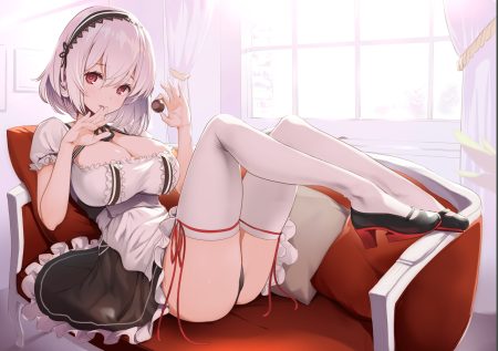anthropomorphism apron azur lane breasts candy chocolate cleavage couch dress headband maid nylon panties red eyes short hair sirius (azur lane) thighhighs underwear valentine white hair