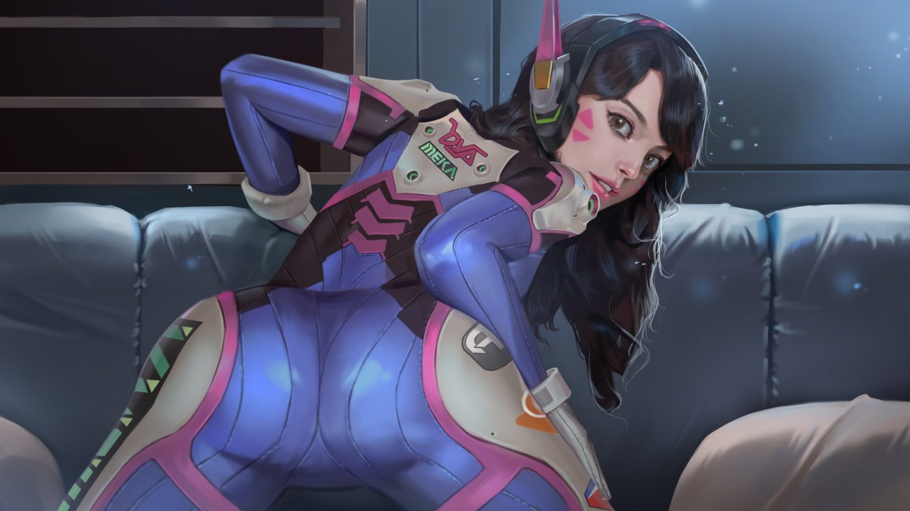 ass blush bodysuit brown eyes brown hair d.va gloves headphones hoo bamon long hair overwatch realistic tattoo