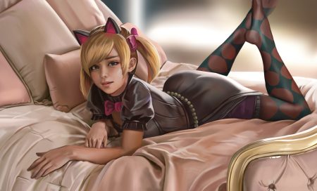 animal ears bed black eyes blonde hair d.va hoo bamon overwatch pantyhose petals realistic twintails