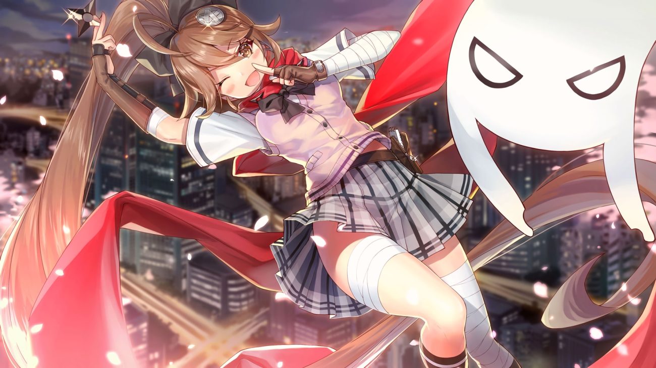 bandage blush bow brown eyes brown hair building city gegege no kitaro ittan-momen kagachi saku ninja petals ponytail scarf school uniform skirt weapon wink