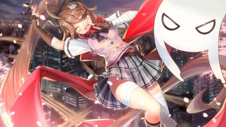 bandage blush bow brown eyes brown hair building city gegege no kitaro ittan-momen kagachi saku ninja petals ponytail scarf school uniform skirt weapon wink