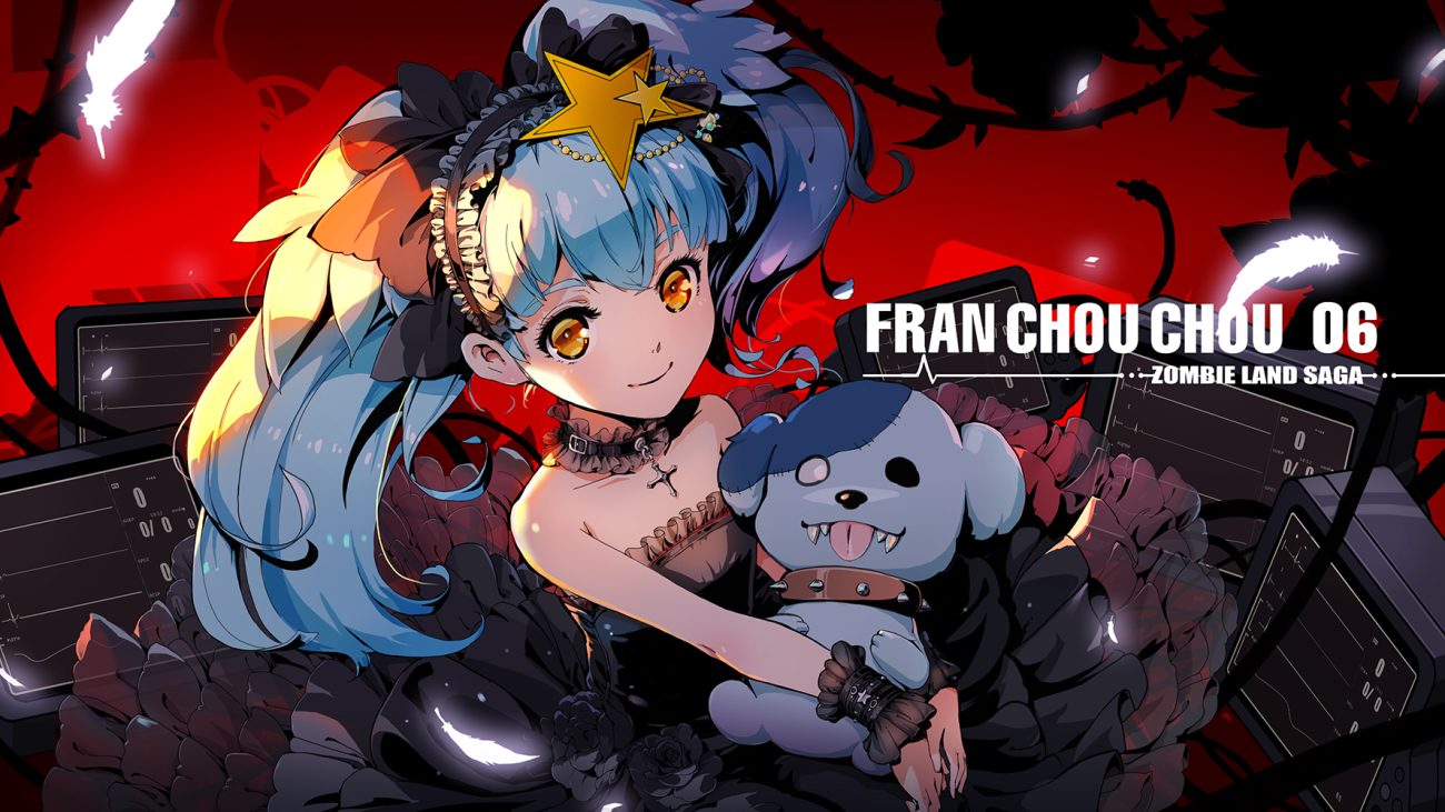 blue hair bow dress feathers goth-loli headdress hoshikawa lily loli lolita fashion long hair pcw twintails wristwear yellow eyes zombie land saga