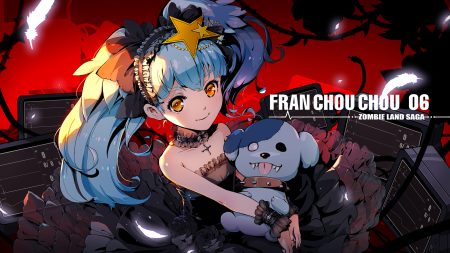 blue hair bow dress feathers goth-loli headdress hoshikawa lily loli lolita fashion long hair pcw twintails wristwear yellow eyes zombie land saga