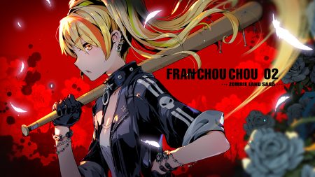 baseball bat blonde hair choker feathers flowers gloves long hair nikaidou saki pcw ponytail red rose wristwear yellow eyes zombie land saga
