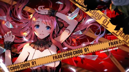blue eyes breasts feathers long hair minamoto sakura no bra pcw pink hair wristwear zombie land saga