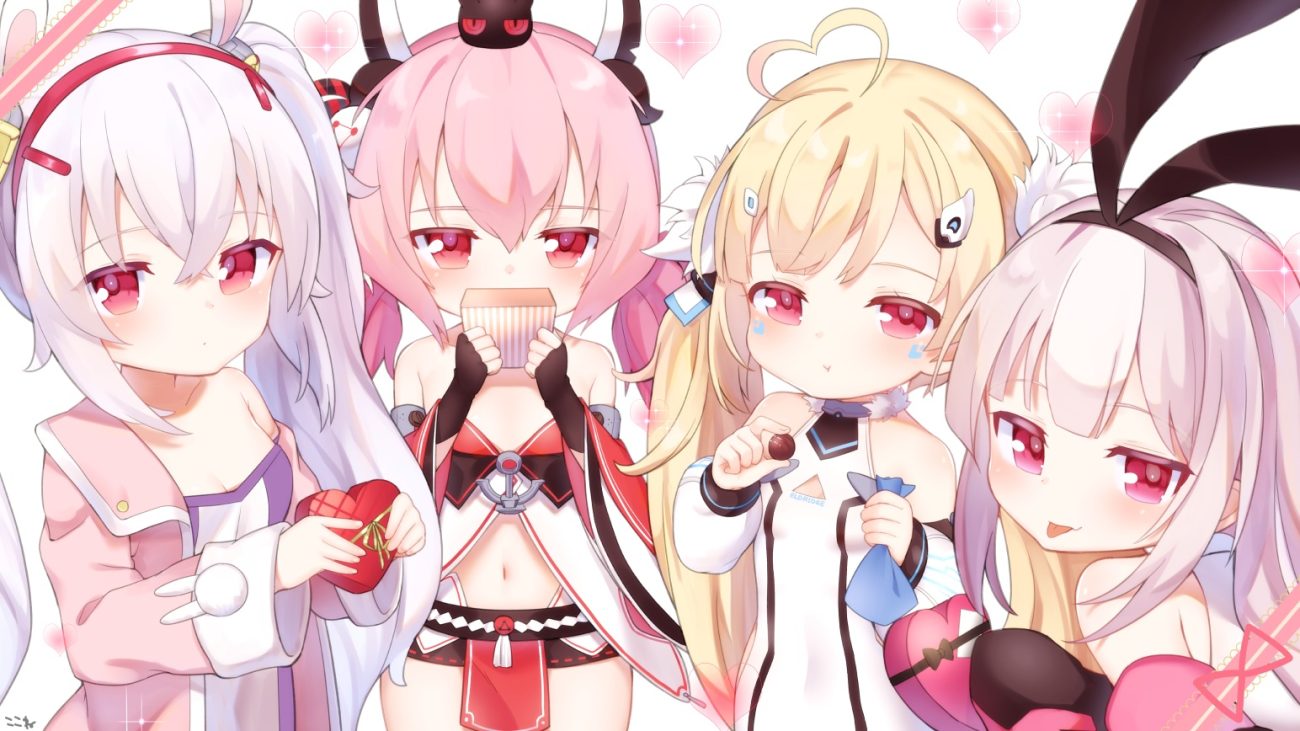 anthropomorphism azur lane blonde hair candy chocolate eldridge (azur lane) gray hair group hamakaze (azur lane) hobby (azur lane) koko ne laffey (azur lane) loli long hair pink hair red eyes signed valentine