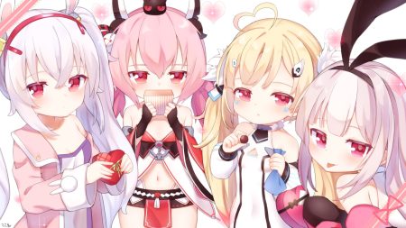 anthropomorphism azur lane blonde hair candy chocolate eldridge (azur lane) gray hair group hamakaze (azur lane) hobby (azur lane) koko ne laffey (azur lane) loli long hair pink hair red eyes signed valentine