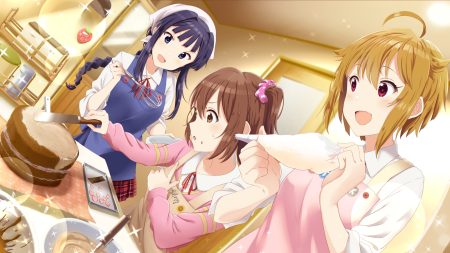 black hair blue eyes brown eyes brown hair cake food ibuki tsubasa idolmaster idolmaster million live! kasuga mirai long hair mogami shizuka pink eyes shiokazunoko valentine