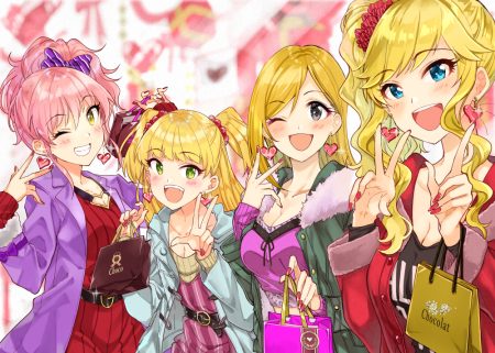 aliasing blonde hair blue eyes fujimoto rina green eyes group idolmaster idolmaster cinderella girls jougasaki mika jougasaki rika loli long hair miyabi akino ootsuki yui pink hair valentine yellow eyes