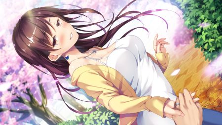 ayase hazuki blush brown eyes brown hair candysoft cherry blossoms dress flowers game cg hachimitsu soft knot fiction! long hair narumiya chisa necklace tree