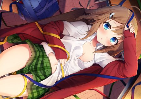 aqua eyes blush breasts brown hair cleavage navel open shirt original ribbons sasahara wakaba school uniform short hair skirt
