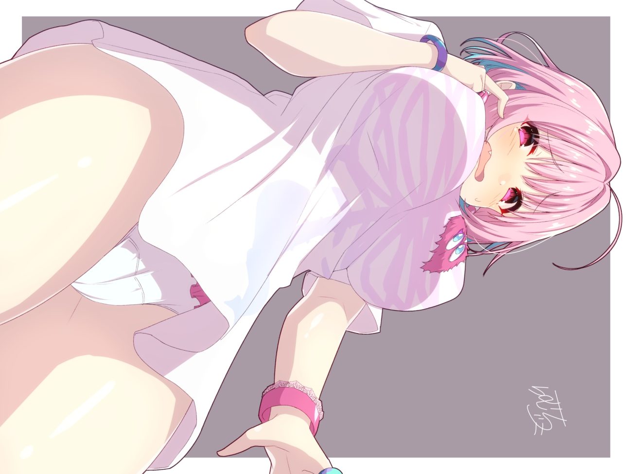 cameltoe dress fang idolmaster idolmaster cinderella girls panties pink eyes pink hair ramchi short hair signed underwear upskirt wristwear yumemi riamu