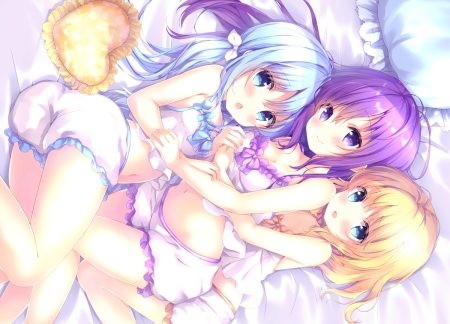 amedamacon aqua eyes aqua hair bed blonde hair blush breasts cleavage gochuumon wa usagi desu ka? kafuu chino kirima sharo loli long hair navel pajamas purple eyes purple hair short hair shorts tedeza rize
