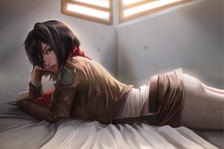 black eyes black hair hoo bamon mikasa ackerman realistic scarf shingeki no kyojin short hair