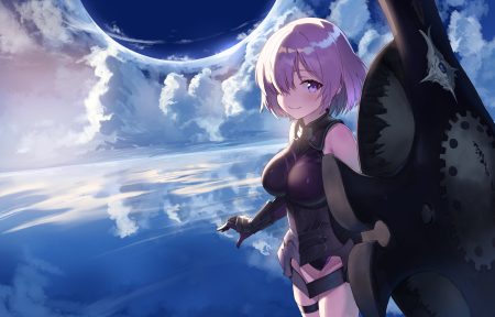 armor ayul (ayulneri 92) blush bodysuit breasts clouds fate/grand order fate (series) garter gloves mash kyrielight purple eyes purple hair reflection short hair sky water