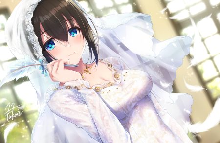 aqua eyes breasts brown hair cleavage dress feathers fukai ryousuke headdress idolmaster idolmaster cinderella girls necklace sagisawa fumika short hair signed wedding attire