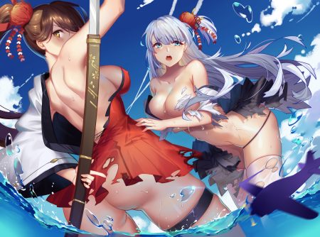 2girls anthropomorphism aqua eyes ass azur lane breast hold breasts brown hair clouds erect nipples garter gray hair japanese clothes katana long hair maomaozi nopan ponytail shoukaku (azur lane) sky sword tears thighhighs torn clothes water weapon yellow eyes zuikaku (azur lane)