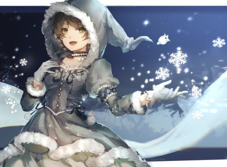 brown hair choker dress gloves goth-loli green eyes hood idolmaster idolmaster million live! lolita fashion sakuramori kaori short hair snow yororitutata
