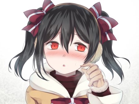 black hair blush bow close earmuffs gloves hitotsuki no yagi hood love live! school idol project red eyes twintails yazawa nico