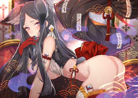 animal ears ass bell black hair bottomless bow braids breasts foxgirl gloves long hair no bra ofuda open shirt original purple eyes rope tail tajima ryuushi thighhighs waifu2x