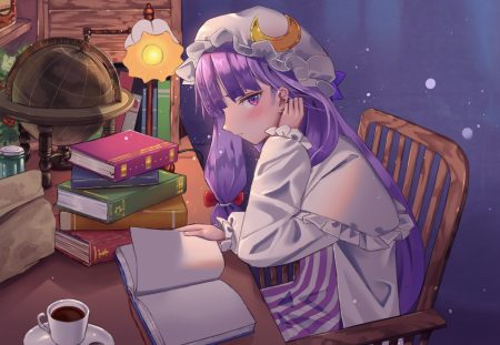blush book dress drink hat long hair maachi (fsam4547) patchouli knowledge purple eyes purple hair touhou