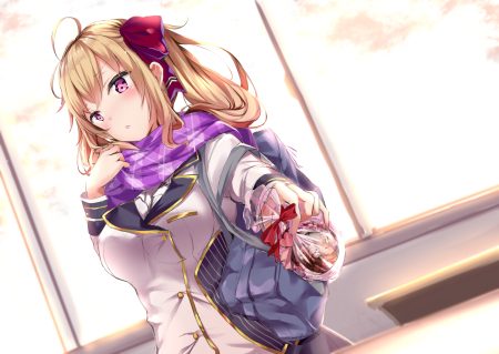 blonde hair long hair nijisanji ponytail purple eyes scarf school uniform takamiya rion valentine yukishiro arute